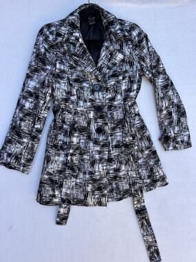 TALIE Black & White Abstract Crosshatch Belted Trench Coat Jacket Cotton S /L
